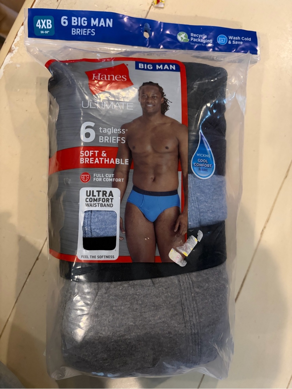 4XB Hanes Big Man 6-Pack Briefs - Gray, Blue, Black. Tagless Briefs. NEW
